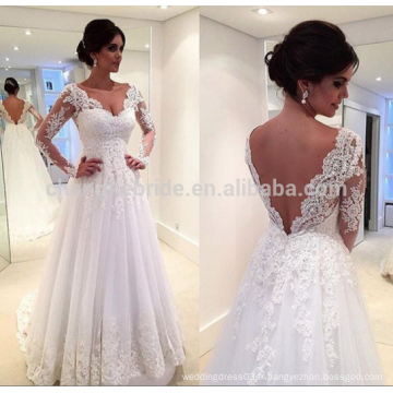 Hot Sale V Neckline Backless Tulle Lace Robe de mariée 2016 Long Sleeve